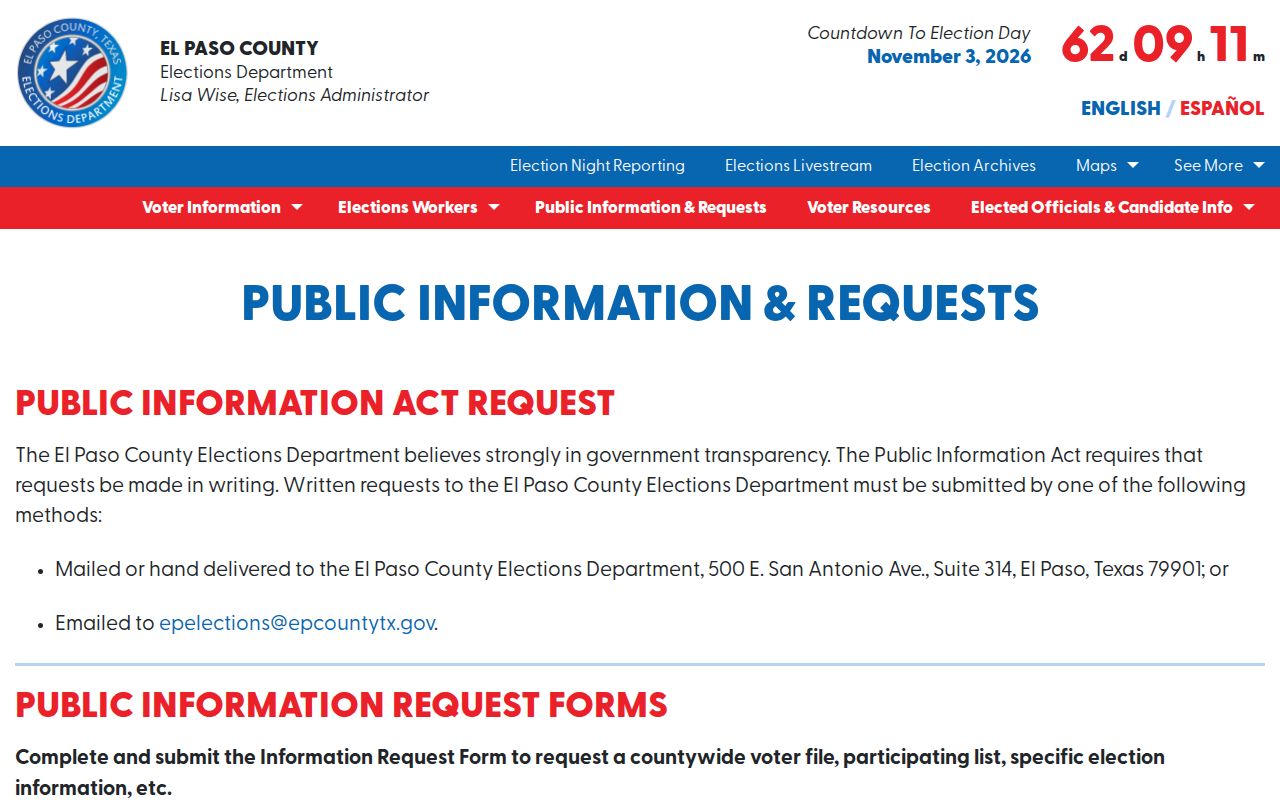 El Paso ZIP code directory voter-file request page